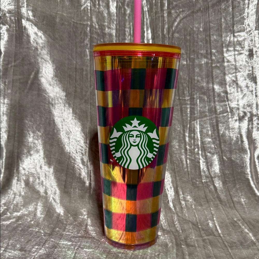 NEW Starbucks Cold cup Tumbler 24 oz Iridescent Checkered Picnic Basket
